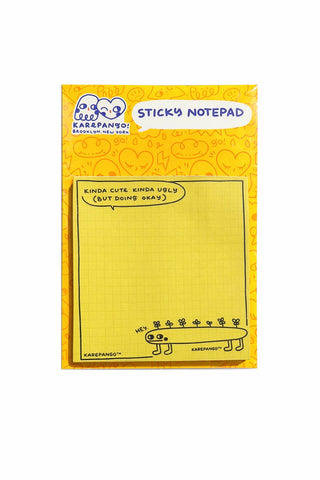Yellow sticky notepad with cartoon character on a white background