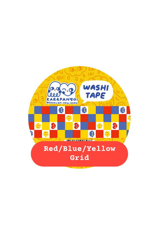Washi tape with red, blue, and yellow grid pattern on a white background