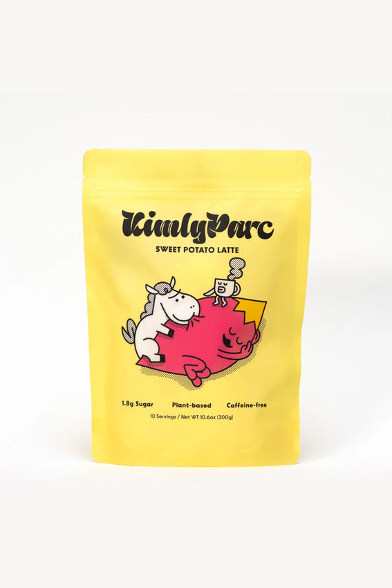 Yellow package of Kimly Parc Sweet Potato Latte on a white background