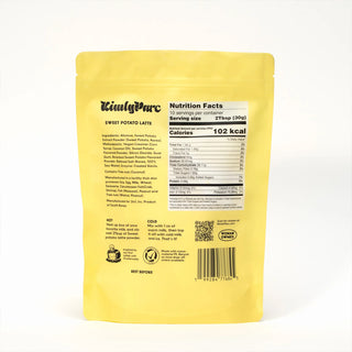 Yellow package of Kimly Pure Sweet Potato Latte with nutritional information on a white background