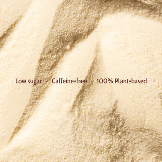 Text on a beige background indicating 'Low sugar', 'Caffeine-free', and '100% Plant-based'.