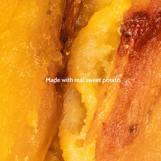 Close-up of a sweet potato with a label indicating 'Made with real sweet potato'.