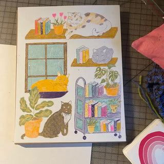 Illustration of cats and books on shelves with plants on a checkered background.