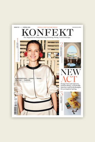 Konfekt magazine cover with a woman in a white dress on a light gray background, and smaller image of a flower and an outdoor setting