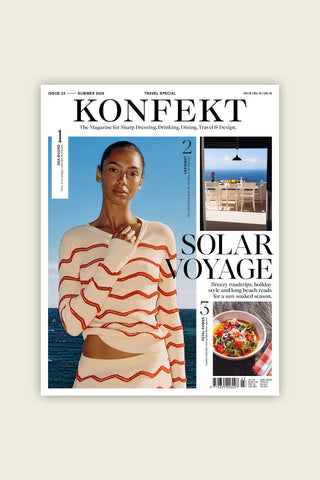 magazine cover for Konfekt features a woman in a cream and red striped top against a blue sky and ocean backdrop, with smaller inset photos and text about travel, dining, and interior design.