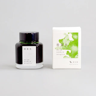 Ink bottle and packaging with green design on a gray background