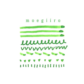 the green word 'moegiiro' above multiple green brushstroke and line samples
