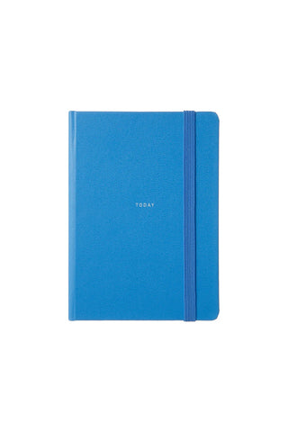 A bright blue hardcover notebook with an elastic closure band and the word 'TODAY' printed in small white letters on the front, shown against a plain white background.