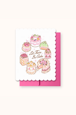 Greeting card with cake illustrations and text 'Let There Be Cake' on a white background