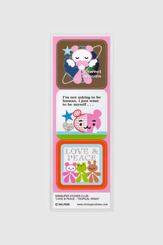 Sticker pack card with three cute animal designs and LOVE PEACE lettering