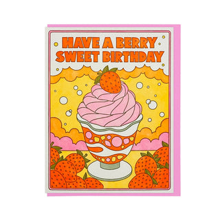 Birthday card with ice cream and strawberries on a yellow background