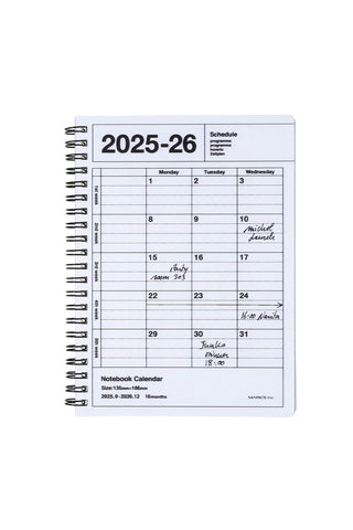 Notebook calendar for 2025-2026 with a white background