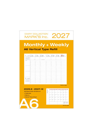 Planner packaging that reads Monthly + Weekly A6 Vertical Type Refill in the A6 size