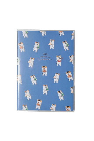 Planner with cat illustrations serving food on a blue background