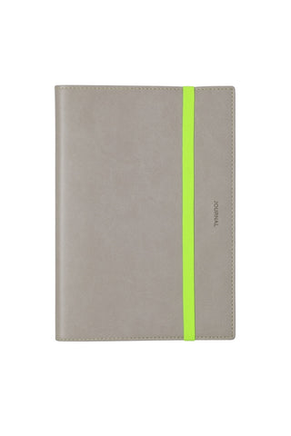 Gray planner with a neon green band around it on a white background