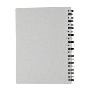 Back of spiral-bound notebook on a white background