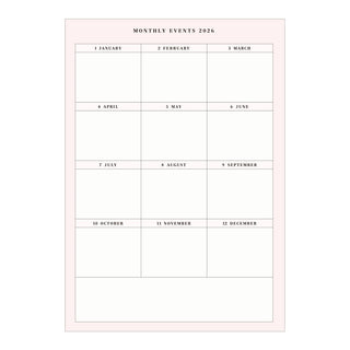 Monthly event calendar for 2026 with a pink border on a white background