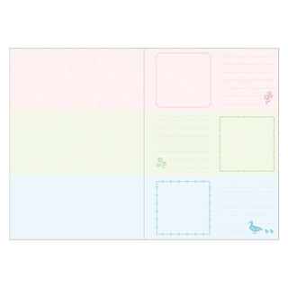 Pastel pages of pink, green, and blue on a white background