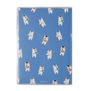Back side of planner with illustrations of cat serving food on a blue background.