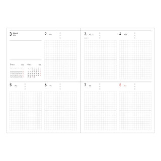 Calendar block layout with grid lines and dates on a white background