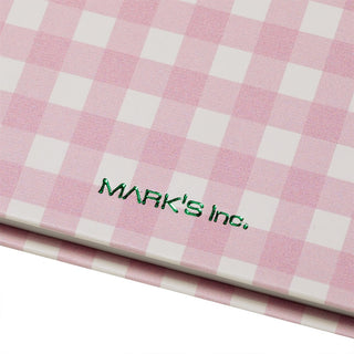 Pink and white checkered planner with 'Mark's Inc.' text