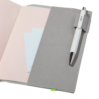 Back of open planner to demonstrate pen loop holder on a white background