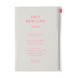 White planner with red text 'Edit New Life. 2026' on a white background