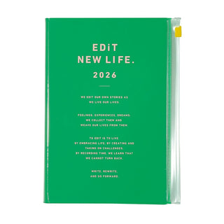 Green planner with 'Edit New Life' text on a white background