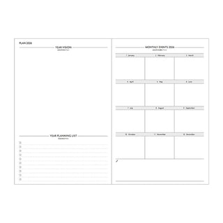 Calendar and planning sheet for 2026 with monthly events and year vision sections.
