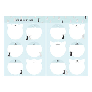 Calendar with cat illustrations on a light blue background titled 'Monthly Events'