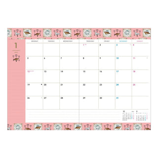 Monthly page with a pink border and decorative elements on a white background
