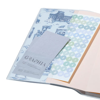 Open planner to demonstrate card holder and pocket to hold stickers on a white background