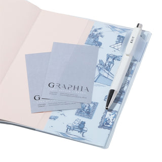 Open planner to demonstrate card holder and pen loop holder on a white background