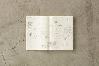 Open book with illustrations and text on a textured beige surface