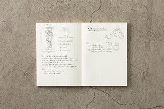 Open book with illustrations and text on a textured beige surface