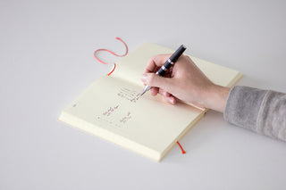 Hand writing in a notebook with a pen on a light gray background