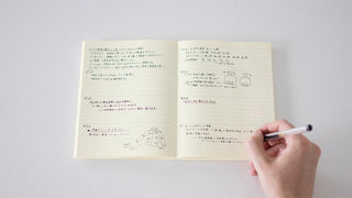 opened notebook with lined pages and colorful handwriting and doodles