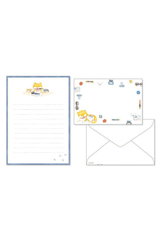 Set of stationery items including a letter and envelope with cartoon designs on a white background.