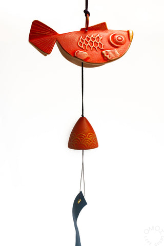 Red goldfish wind chime with hanging bell and dark blue fish charm