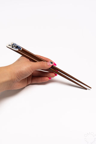 Hand holding a pair of wooden chopsticks on a white background