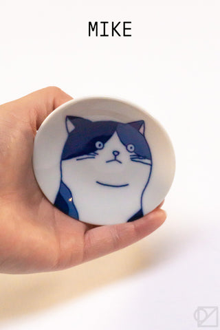 Hand holding a small round ceramic dish with a cat design on a white background