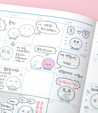 Planner page with character sticker expressions and text bubbles on a pink background
