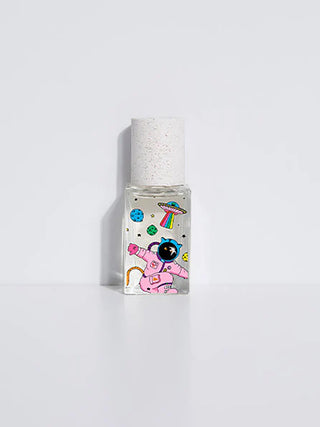 Small perfume bottle with a illustrated colorful astronaut design on a white background