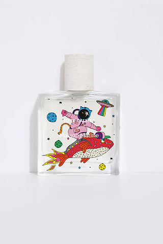 Perfume bottle with space-themed design on a white background