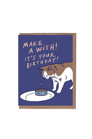 Birthday card with a cat and a tuna delight illustration and text 'Make a wish! It's your birthday!' on a blue background.