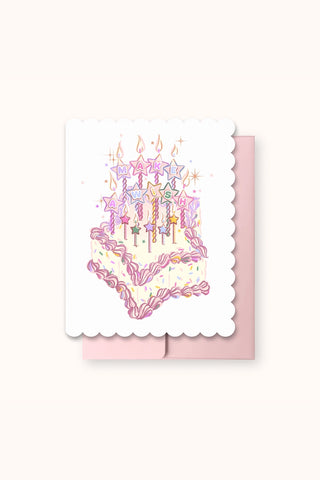 Greeting card with a birthday cake illustration. The candles read 'Make a wish'