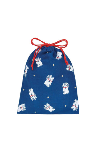Blue drawstring bag with white cat pattern and red drawstring on a white background