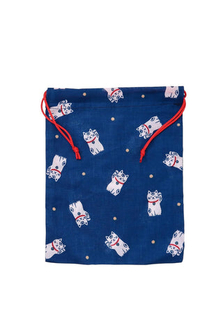 Blue drawstring bag with white cat pattern and red drawstring on a white background