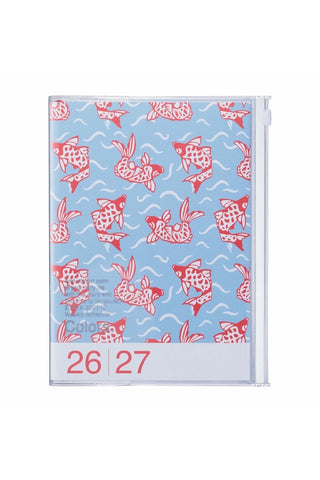 planner with light blue cover of waves and red goldfish pattern