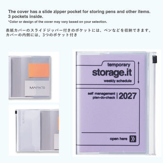 Planner has zipper pocket for small items and back pockets 
